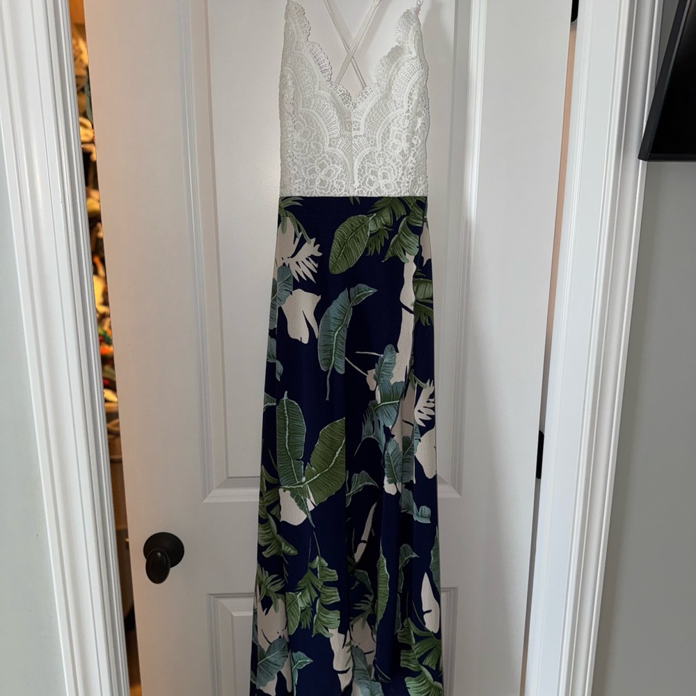 White Lace and Leaf Print Maxi Dress